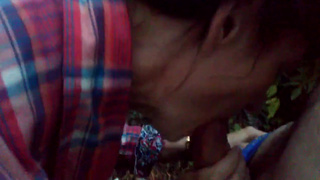 Старенькая русская путана теребонькает и посасывает клиенту в лесу